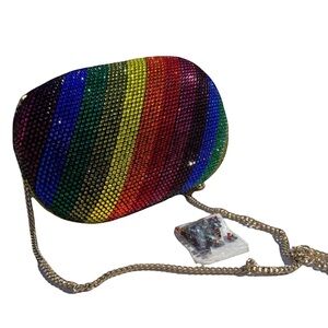 Olga Berg Rainbow Crystal Clutch Bag Oval Evening Bag Chain Strap